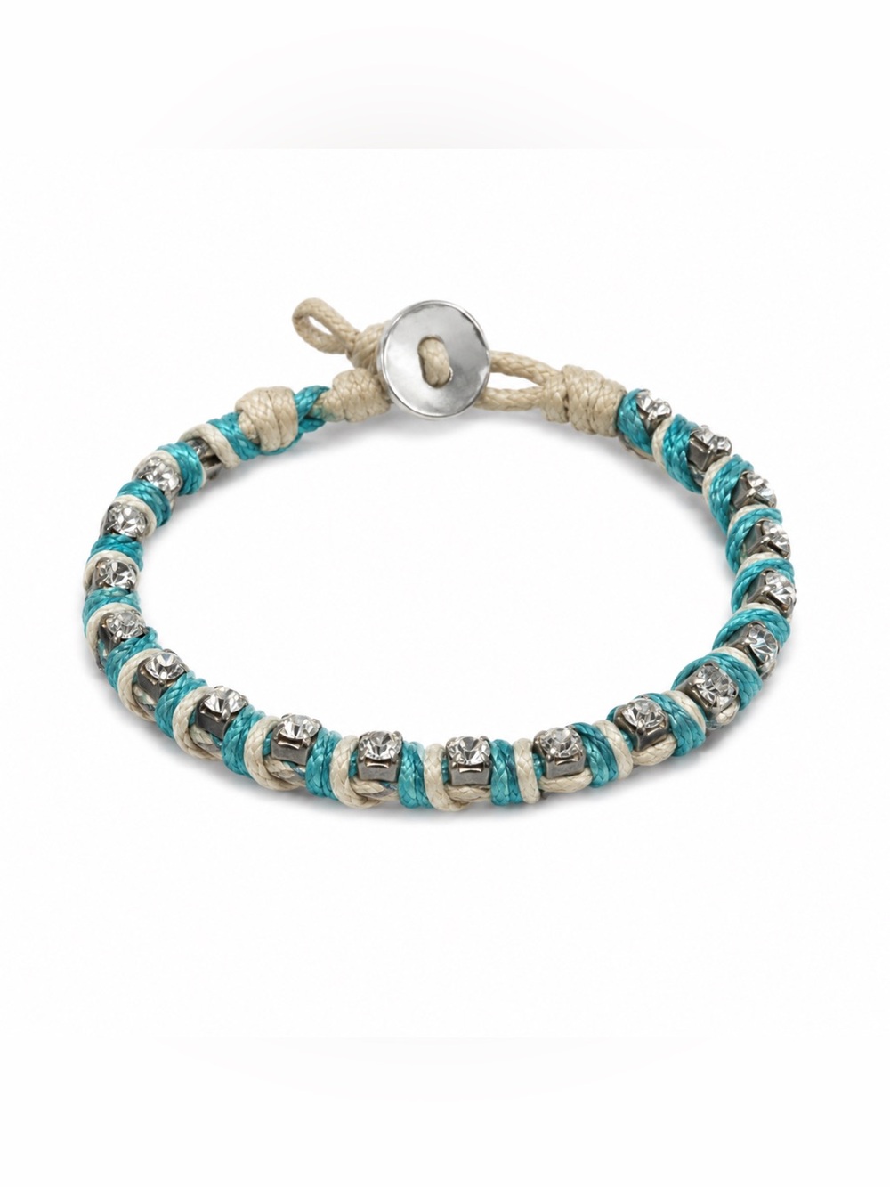 Crystal Rhinestone Wrap Cord Bracelet Turquoise & Ivory Adjustable Boho